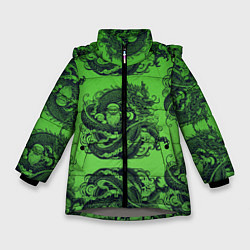Куртка зимняя для девочки Дракон и Дед Мороз паттерн на зеленом, цвет: 3D-светло-серый