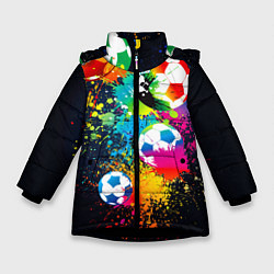 Куртка зимняя для девочки Разноцветные футбольные мячи, цвет: 3D-черный