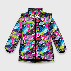 Куртка зимняя для девочки Цветочный листопад, цвет: 3D-черный