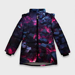 Куртка зимняя для девочки Фиолетовые кубы в фиолетовом дыме, цвет: 3D-светло-серый