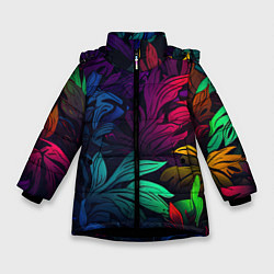 Куртка зимняя для девочки Яркие абстрактные листья, цвет: 3D-черный