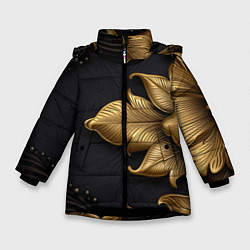 Куртка зимняя для девочки Золотые объемные листья на черном фоне, цвет: 3D-черный