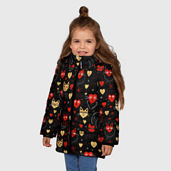 Куртка зимняя для девочки Паттерн с сердечками и котами валентинка, цвет: 3D-черный — фото 2