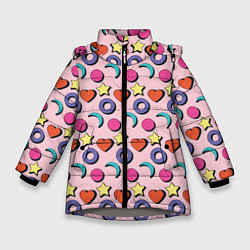 Куртка зимняя для девочки Современный узор с сердечной звездой и кругом, цвет: 3D-светло-серый