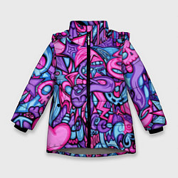 Куртка зимняя для девочки Узор розово-фиолетовый черепа и сердца, цвет: 3D-светло-серый