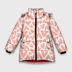 Куртка зимняя для девочки Сердечки на белом фоне паттерн, цвет: 3D-красный
