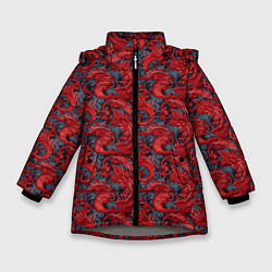 Куртка зимняя для девочки Красные драконы паттерн, цвет: 3D-светло-серый