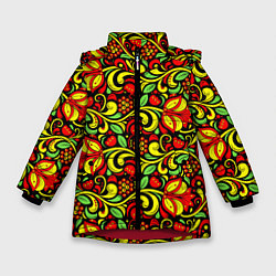 Куртка зимняя для девочки Хохломская роспись красные цветы и ягоды, цвет: 3D-красный
