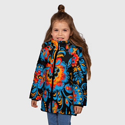 Куртка зимняя для девочки Хохломская роспись разноцветные цветы на чёроном ф, цвет: 3D-черный — фото 2