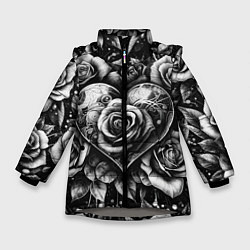 Зимняя куртка для девочки Черно белое сердце и розы