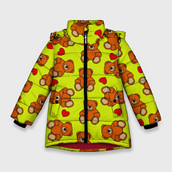 Куртка зимняя для девочки Плюшевые мишки и сердца на желтом фоне, цвет: 3D-красный