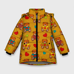 Куртка зимняя для девочки Игрушечные мишки и разноцветные сердца, цвет: 3D-светло-серый