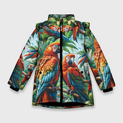 Куртка зимняя для девочки Попугаи Ара - тропики джунгли, цвет: 3D-черный