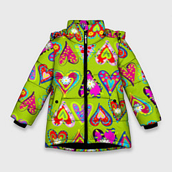 Куртка зимняя для девочки Разноцветные сердца в мексиканском стиле, цвет: 3D-черный