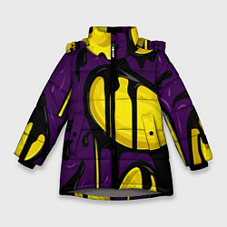 Куртка зимняя для девочки Желтые яркие пятна краски на фиолетовом, цвет: 3D-светло-серый