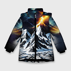 Куртка зимняя для девочки Молнии и горы, цвет: 3D-черный