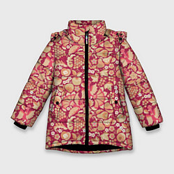 Куртка зимняя для девочки Русский сад с птицами и плодами: паттерн, цвет: 3D-черный