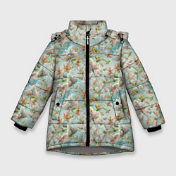 Куртка зимняя для девочки Сирень цветы паттерн, цвет: 3D-светло-серый