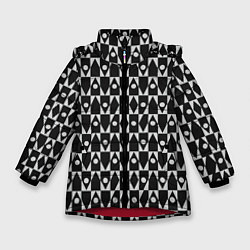 Куртка зимняя для девочки Чёрно-белые ромбы и круги на чёрном фоне, цвет: 3D-красный