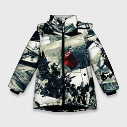 Куртка зимняя для девочки День победы 9 мая и силуэты кадров с фронта, цвет: 3D-черный