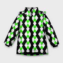 Куртка зимняя для девочки Зелёные и белые ромбы на чёрном фоне, цвет: 3D-черный