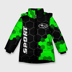 Куртка зимняя для девочки Subaru green sport hexagon, цвет: 3D-черный