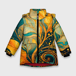 Куртка зимняя для девочки Золотые и бирюзовые листья абстракция, цвет: 3D-красный