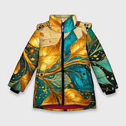 Зимняя куртка для девочки Листья абстрактные золото и бирюза