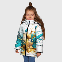 Куртка зимняя для девочки Бирюзово голубая абстракция, брызги краски на бело, цвет: 3D-красный — фото 2