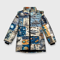 Куртка зимняя для девочки Джинсовый пэчворк с пришельцами, цвет: 3D-черный