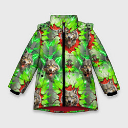 Куртка зимняя для девочки Волки из зеленого паттерна, цвет: 3D-красный