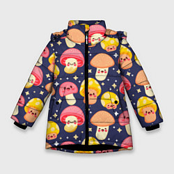 Куртка зимняя для девочки Веселые грибочки паттерн, цвет: 3D-черный
