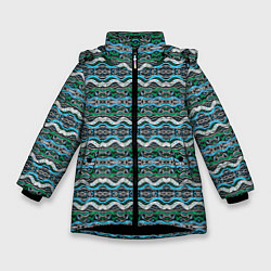 Куртка зимняя для девочки Голубые абстрактные волны, цвет: 3D-черный