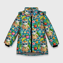 Куртка зимняя для девочки Коты и летний вайб паттерн, цвет: 3D-светло-серый