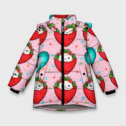 Куртка зимняя для девочки Котик клубничка и сердца узор, цвет: 3D-светло-серый