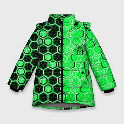Зимняя куртка для девочки Техно-киберпанк шестиугольники зелёный и чёрный с