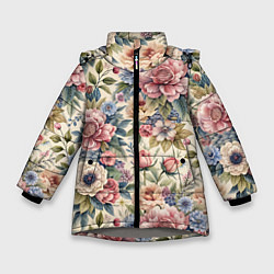 Куртка зимняя для девочки Нежные цветочные мотивы, цвет: 3D-светло-серый