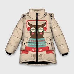 Куртка зимняя для девочки Сова в наушниках, цвет: 3D-черный