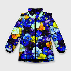Куртка зимняя для девочки Синие цветы, цвет: 3D-черный