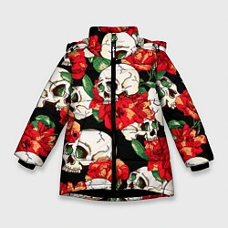 Куртка зимняя для девочки Черепки и розы, цвет: 3D-черный
