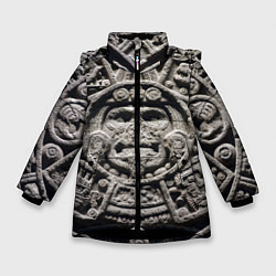 Куртка зимняя для девочки Календарь ацтеков, цвет: 3D-черный