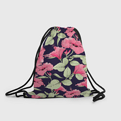 Рюкзак-мешок Цветы Розовые Гибискусы На Тёмно-Синем Фоне, цвет: 3D-принт