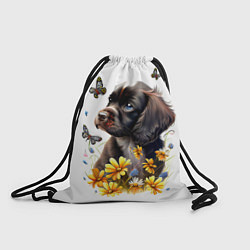 Рюкзак-мешок Черный щенок и жёлтые полевые цветы, цвет: 3D-принт
