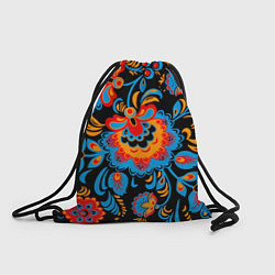 Рюкзак-мешок Хохломская роспись разноцветные цветы на чёроном ф, цвет: 3D-принт