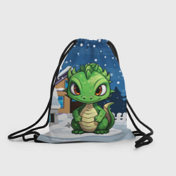 Рюкзак-мешок Маленький зеленый новогодний дракон на фоне снега, цвет: 3D-принт