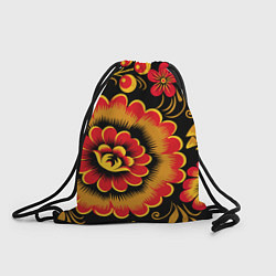 Рюкзак-мешок Хохломская роспись красно-жёлтые цветы на чёрном ф, цвет: 3D-принт