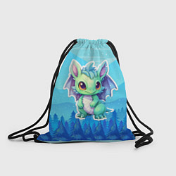 Рюкзак-мешок Маленький зеленый дракон на фоне синих елок, цвет: 3D-принт