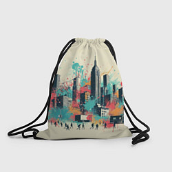 Рюкзак-мешок Силуэты людей и небоскребов в брызгах краски, цвет: 3D-принт