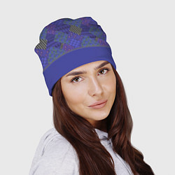 Шапка Combined burgundy-blue pattern with patchwork, цвет: 3D-принт — фото 2