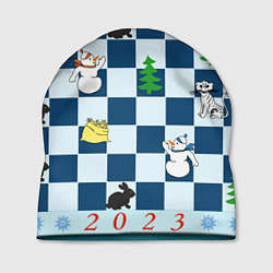 Шапка Новогодняя шахматная доска со снеговиком и кролика, цвет: 3D-принт